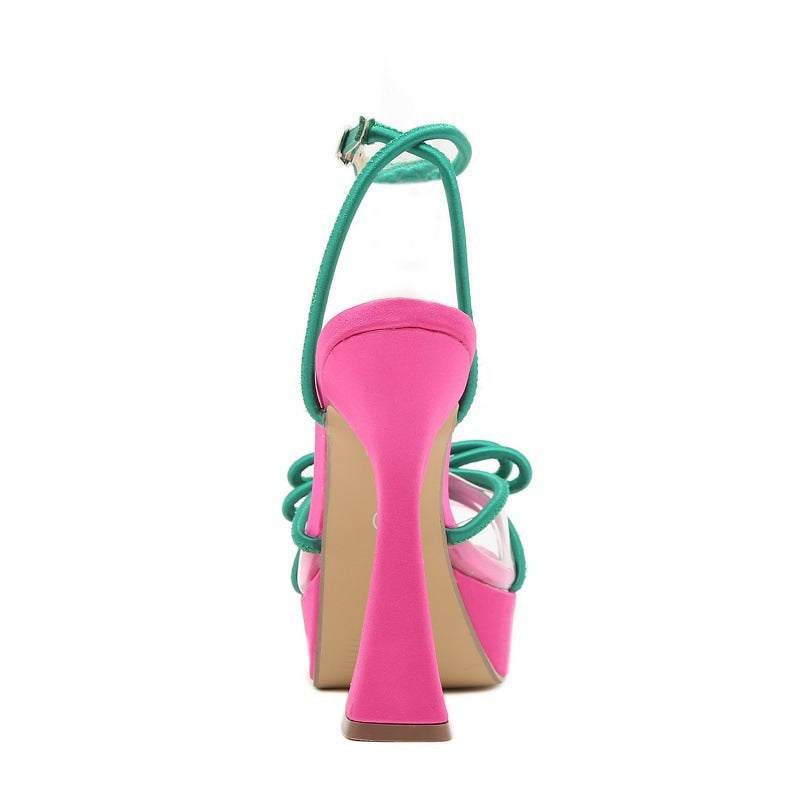 Bright Color-blocking Bow Thick-soled Buckle Chunky High Heels - Enfance-Heureuse