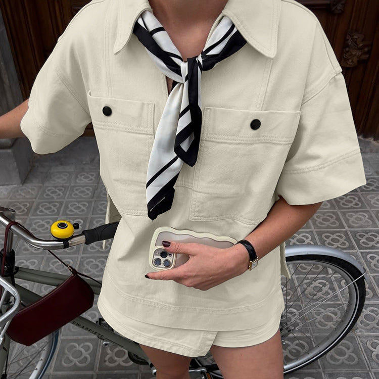 Lapel Short Sleeve Pocket Pullover Top High-waisted Trousers Skirt Two-piece Set - Enfance-Heureuse