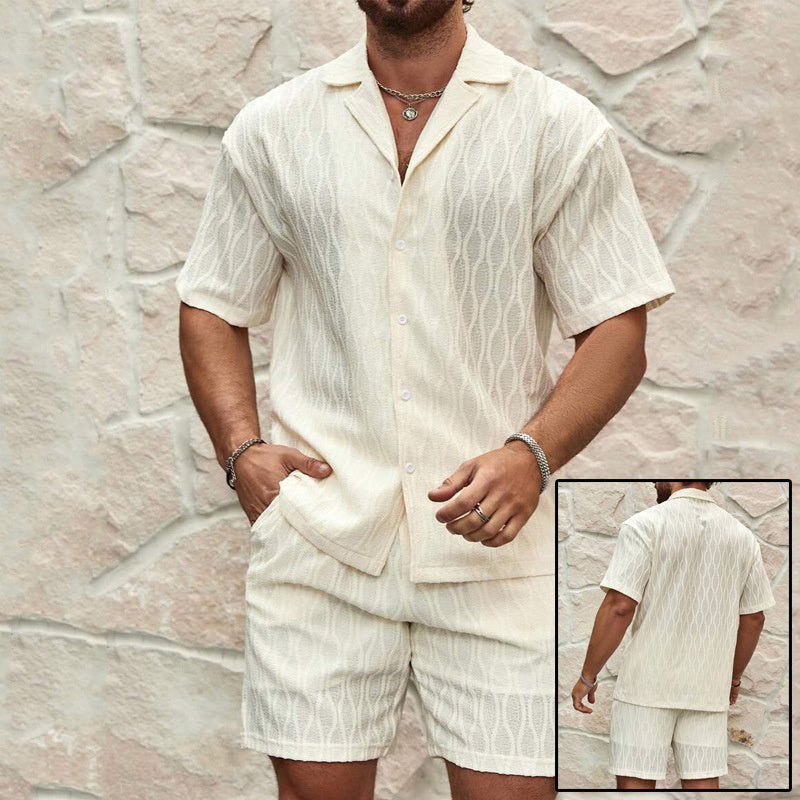 Men Tracksuits Summer Fashion Solid Loose Casual Two Pieces Lapel Button Shirt Shorts Beach Holiday All-match Outfits Male - Enfance-Heureuse
