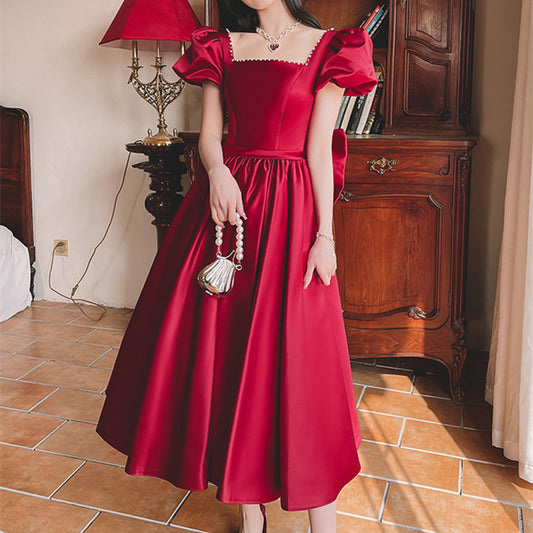 Winter Wine Red Engagement Daily French Princess On The Run Satin Dress - Enfance-Heureuse