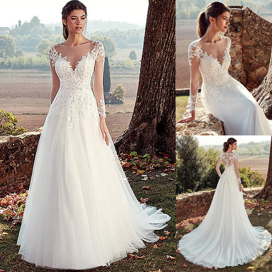 High U-neck Lace Long Sleeve A- Line Long Tail Simple Wedding Dress - Enfance-Heureuse