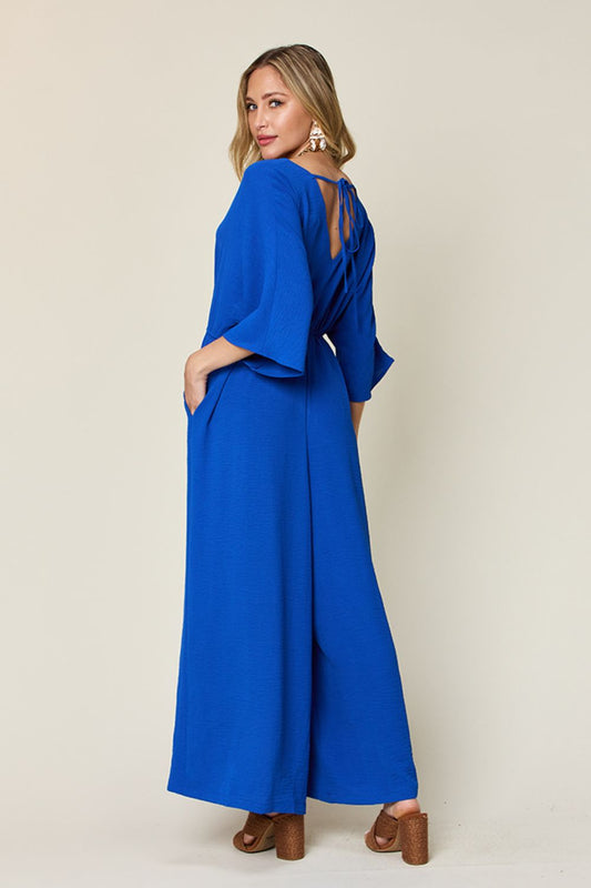 Double Take Full Size Surplice Wide Leg Jumpsuit with Pockets - Enfance-Heureuse