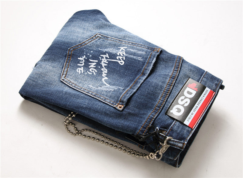 men jeans famous D2 Men slim jeans pants mens denim trousers zipper blue hole Pencil Pants - Enfance-Heureuse
