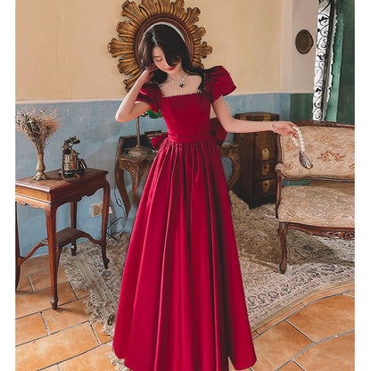 Winter Wine Red Engagement Daily French Princess On The Run Satin Dress - Enfance-Heureuse