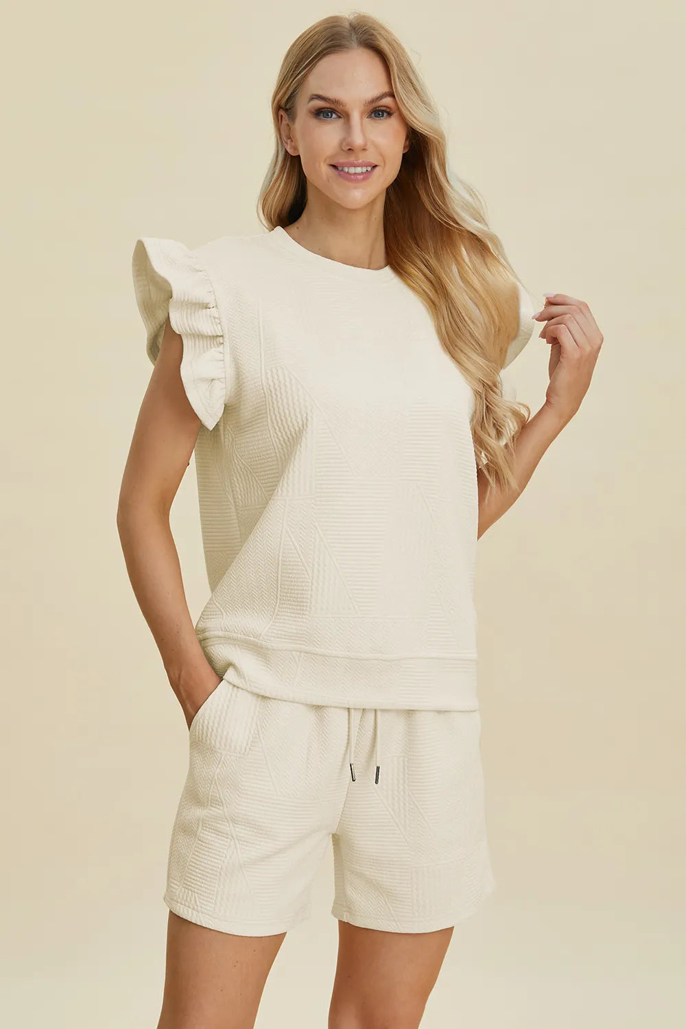 Double Take Full Size Texture Round Neck Ruffle Sleeve Top and Shorts Set - Enfance-Heureuse