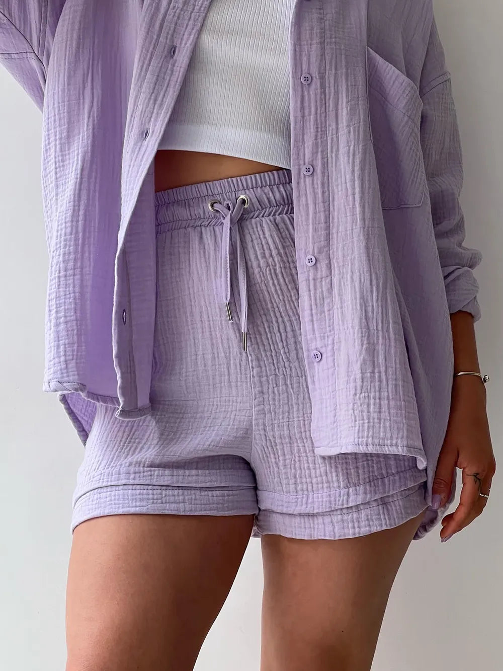Texture Button Up Shirt and Drawstring Shorts Set - Enfance-Heureuse
