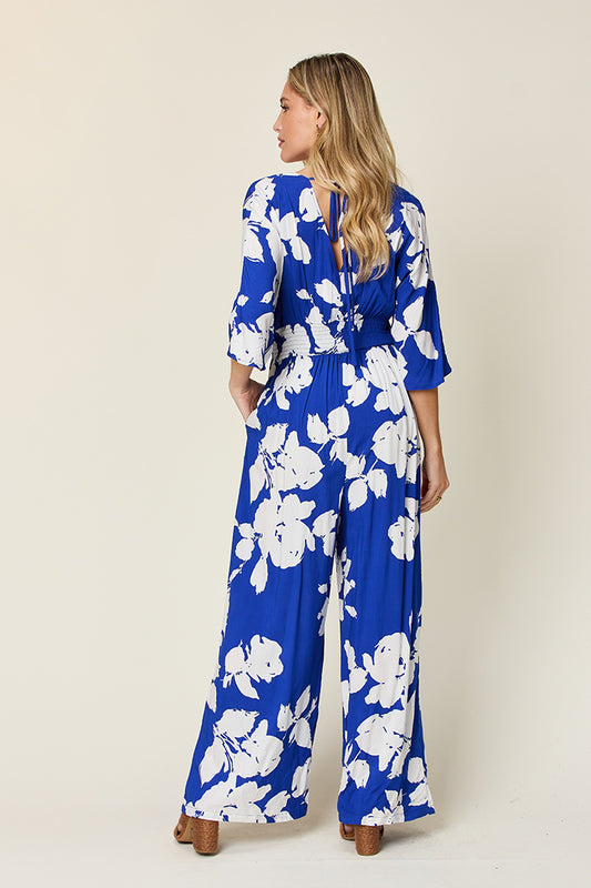 Double Take Full Size Printed Tie Back Wide Leg Jumpsuit - Enfance-Heureuse