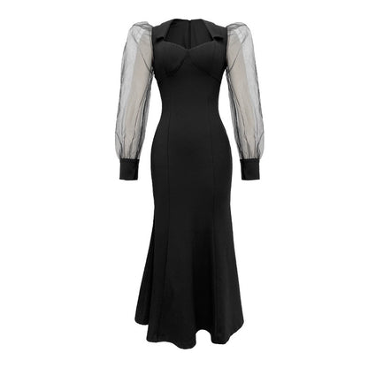 French Style Square Collar Long Dress For Women Hepburn Style Elegant Socialite Mesh Puff Sleeve Fishtail Dress - Enfance-Heureuse