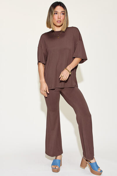Basic Bae Full Size Bamboo Drop Shoulder T-Shirt and Flare Pants Set - Enfance-Heureuse
