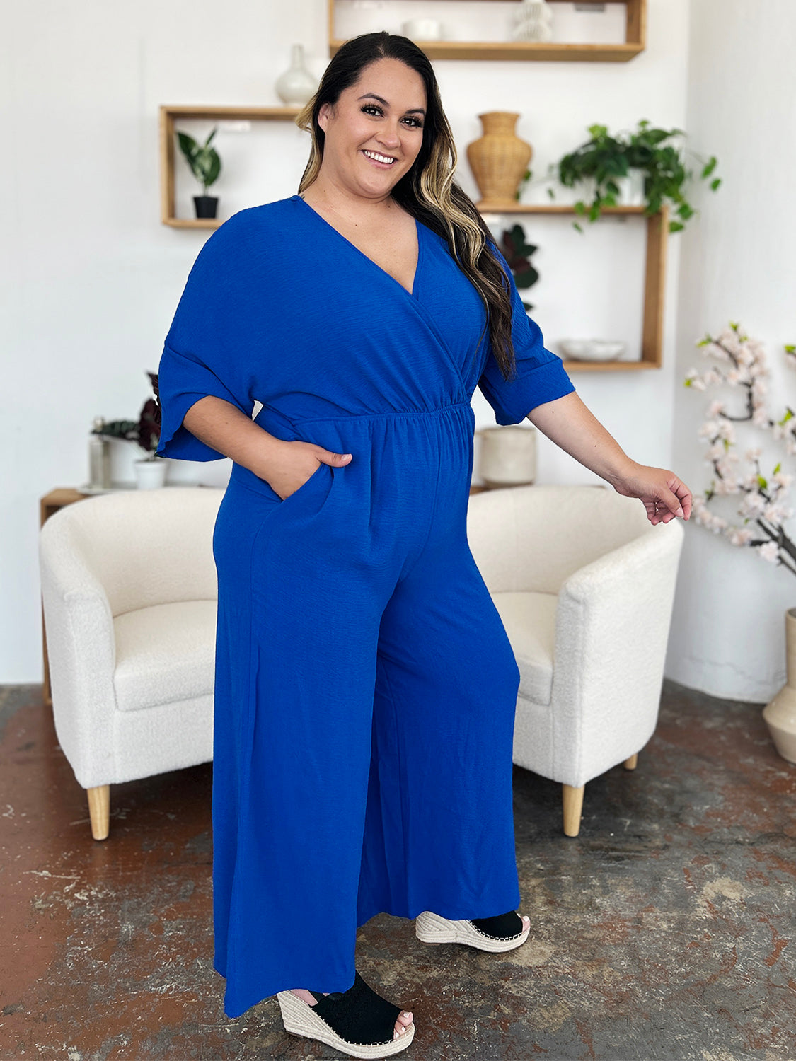 Double Take Full Size Surplice Wide Leg Jumpsuit with Pockets - Enfance-Heureuse