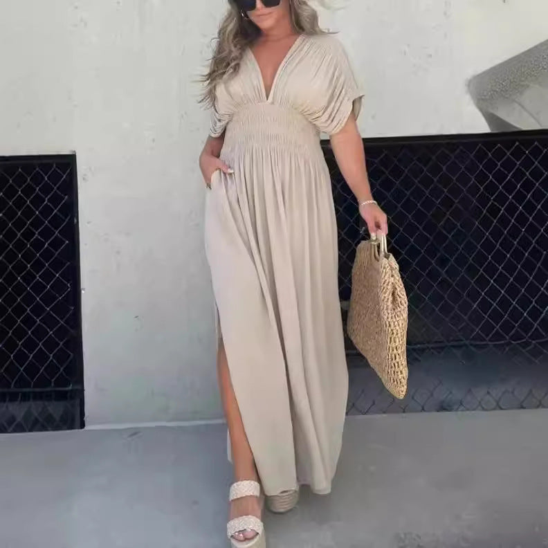 Fashion Bat-sleeved V-neck Slit Dress Summer Short Sleeve Elastic Waist Long Dresses Womens Clothing - Enfance-Heureuse