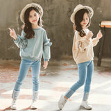 Girls' Lace Sleeve Jeans Two-Piece Set - Enfance-Heureuse