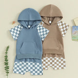 Summer European And American Boys' Plaid Hooded Fleece And Shorts Suit - Enfance-Heureuse