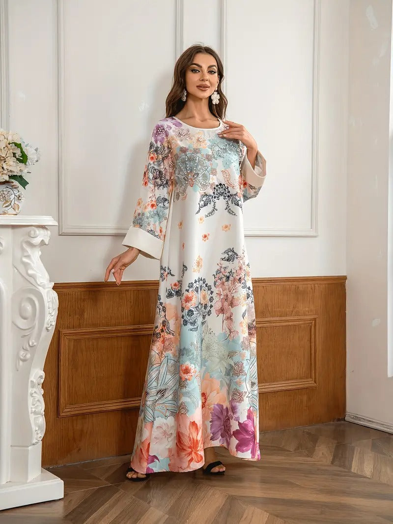 Robe caftan longue élégante à imprimé floral