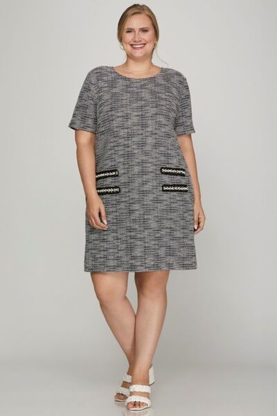 She + Sky Full Size Short Sleeve Pearl Studded Trim Knit Tweed Dress Plus Size - Enfance-Heureuse