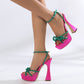Bright Color-blocking Bow Thick-soled Buckle Chunky High Heels - Enfance-Heureuse