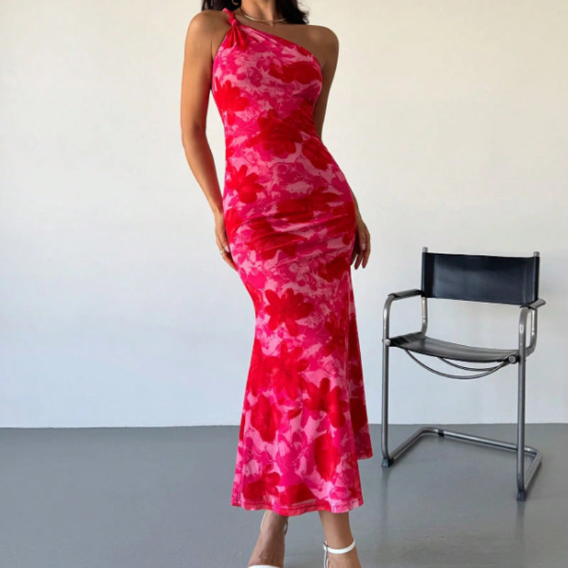 European And American Style Irregular Pattern Print Shoulder Belt Sling Dress Women - Enfance-Heureuse