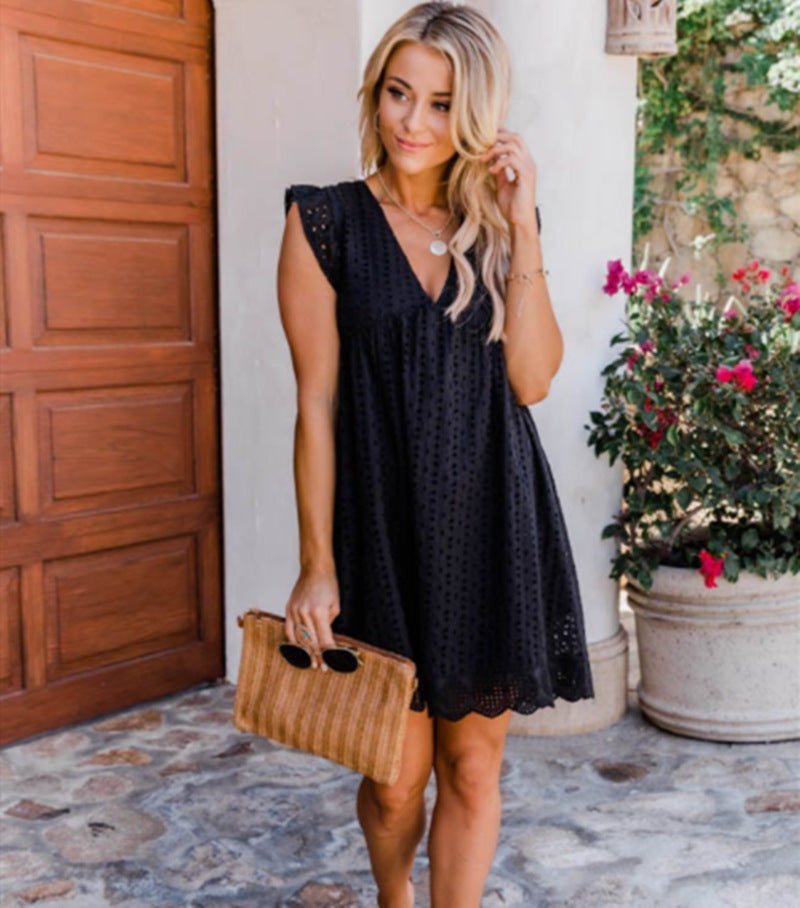 Lace Dresses With Pocket Summer Sleeveless Jacquard Cutout V-Neck Beach Dress - Enfance-Heureuse