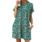 Loose Crew Neck Short Sleeve Printed Pocket Dress - Enfance-Heureuse