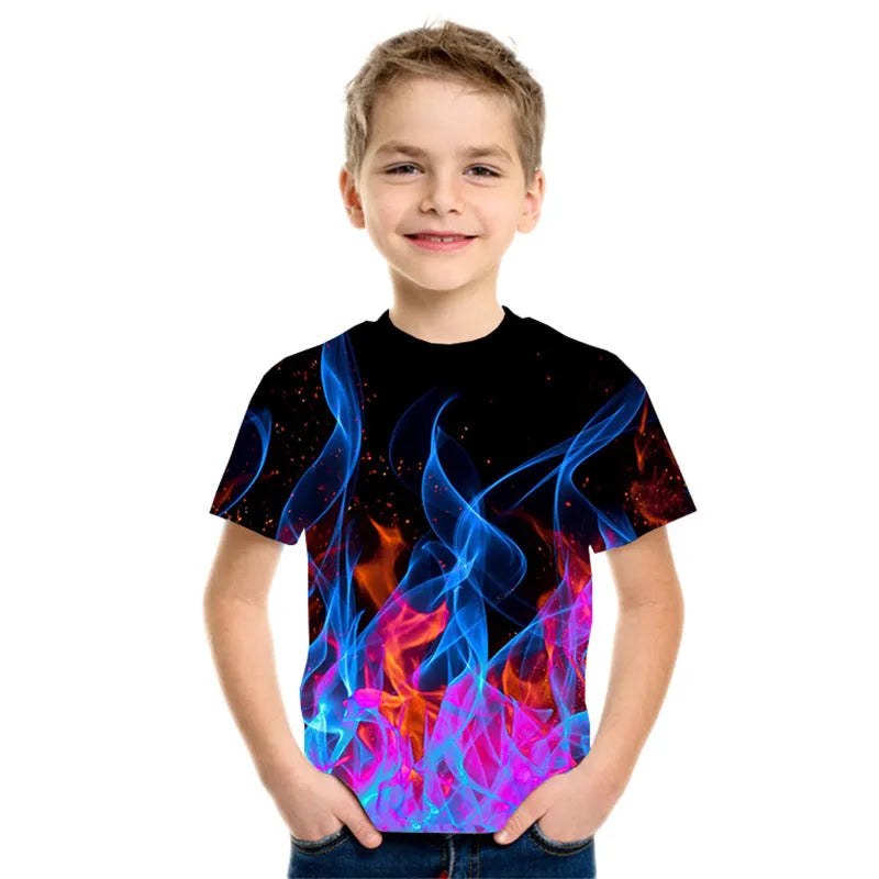 New Boys' Three-color Flame 3D Printed Short-sleeved T-shirt - Enfance-Heureuse