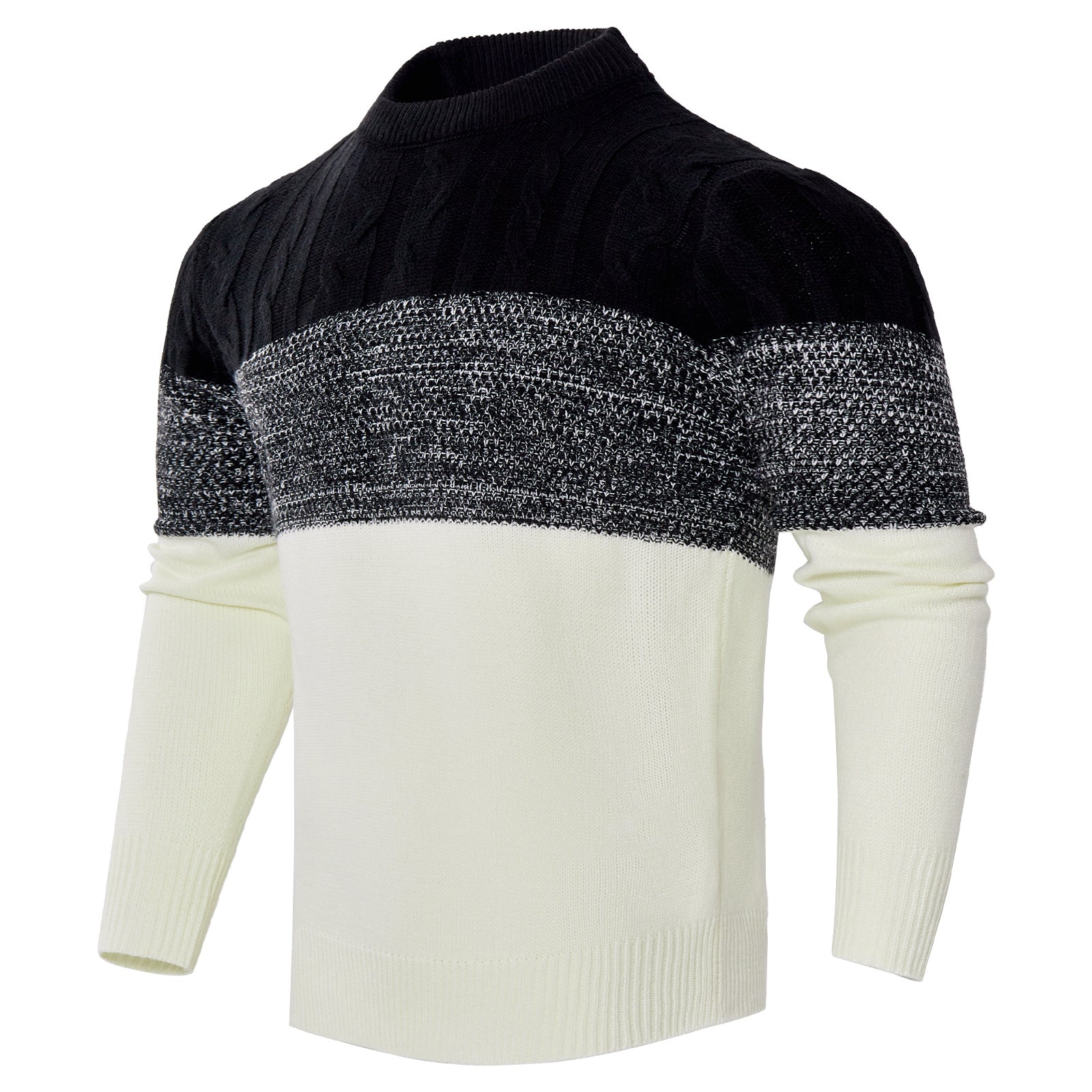 Men's Casual Color Block Long Sleeve Cable Knit Pullover Sweater - Enfance-Heureuse