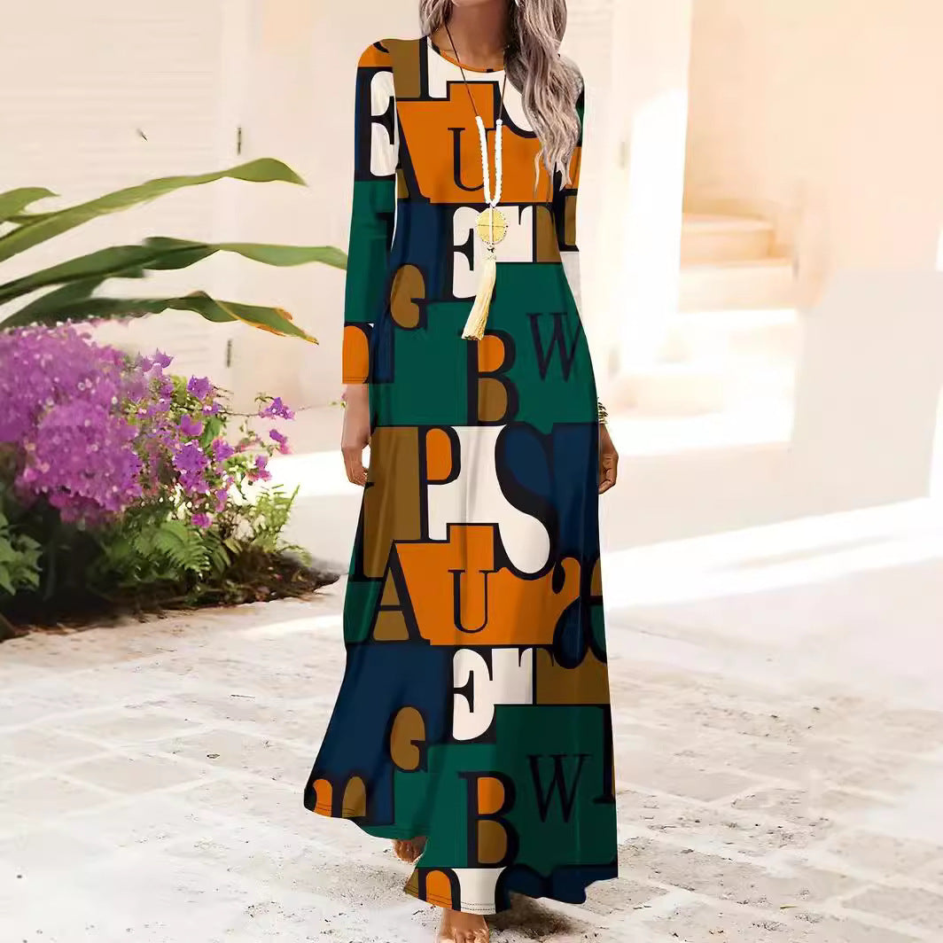 European And American Long Sleeve Artistic Retro Geometric Printed Round Neck Pullover Dress - Enfance-Heureuse