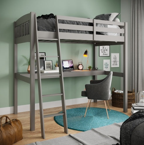 Everest Grey High Loft Bed With Desk And Storage, Heavy Duty Solid Wood Full Size Loft Bed Frame With Stairs For Kids And Toddlers, No Box Spring Needed - Enfance-Heureuse