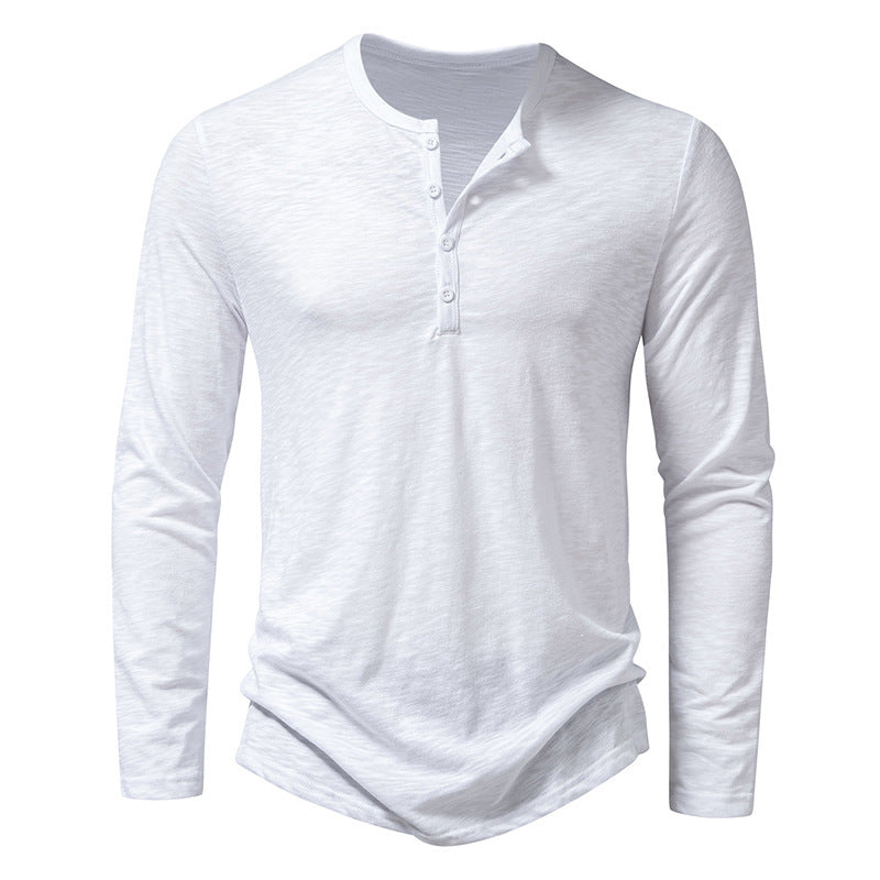 Mens Clothing Long Sleeve T-shirt Fashion Button Henry Collar Tops - Enfance-Heureuse
