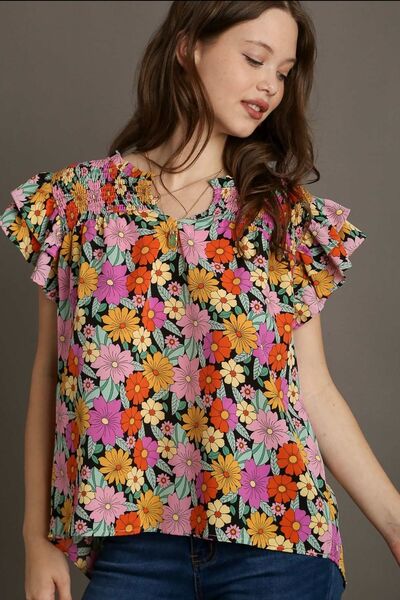 Umgee Full Size Floral Printed Smocked Top Plus Size