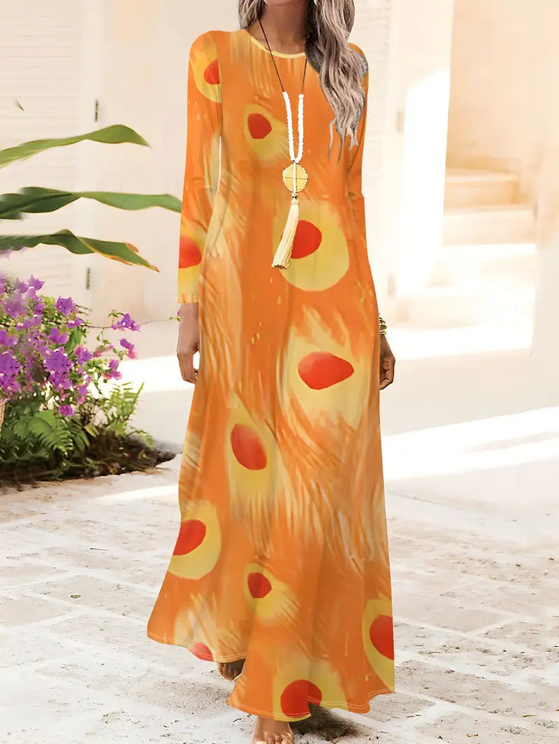 European And American Long Sleeve Artistic Retro Geometric Printed Round Neck Pullover Dress - Enfance-Heureuse