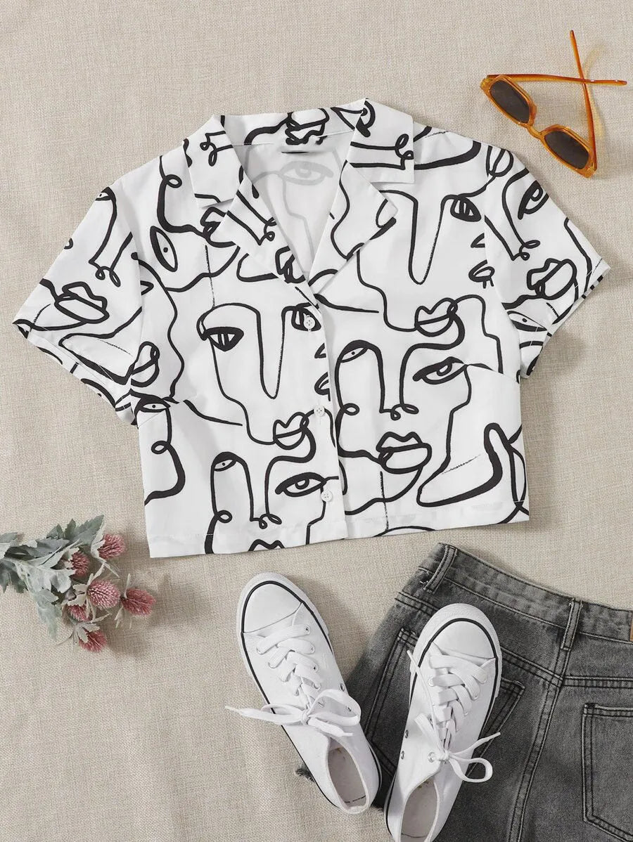 Chemise mi-longueur à revers imprimé simple boutonnage - Enfance-Heureuse