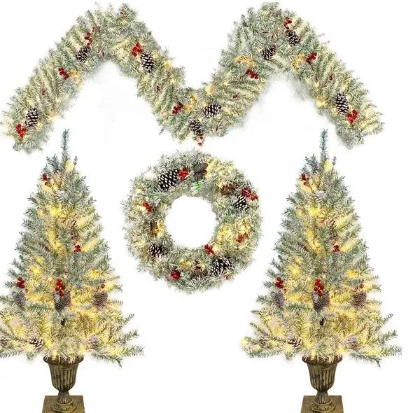 Pre-lit Xmas Tree Artificial Christmas 4-Piece Set,Garland, Wreath And Set Of 2 Entrance Trees X-mas - Enfance-Heureuse