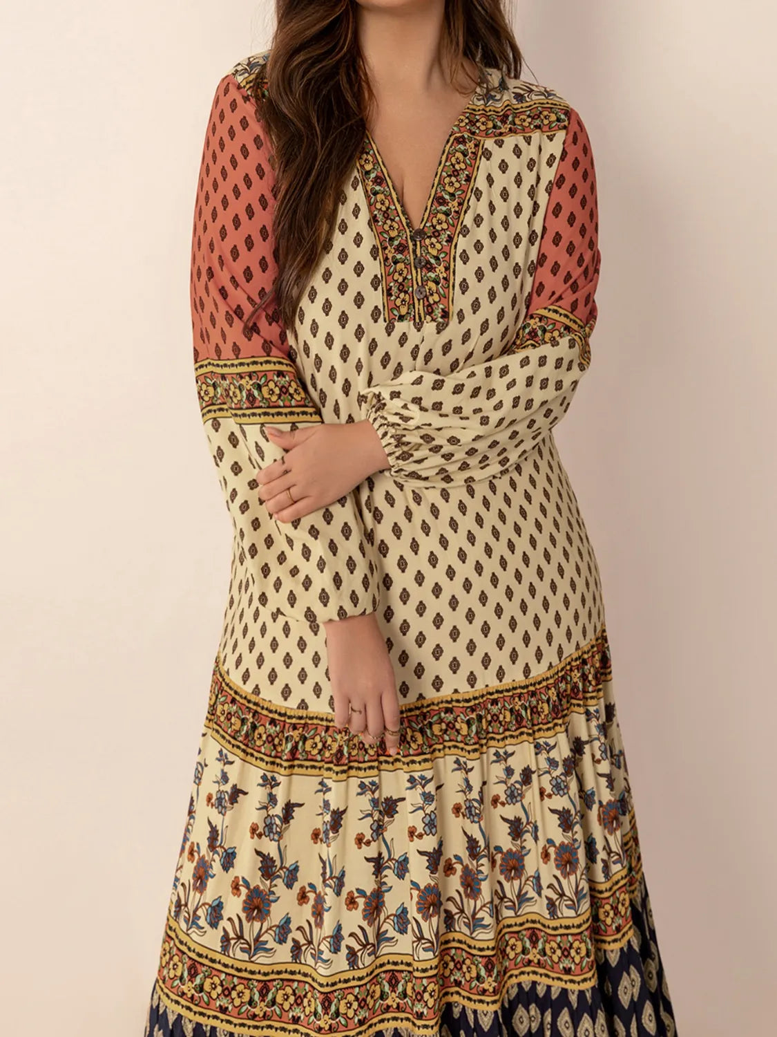 Printed V-Neck Balloon Sleeve Maxi Dress - Enfance-Heureuse