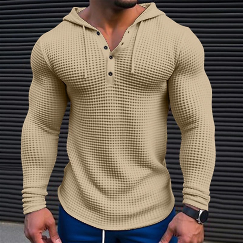 Men's Pullover Casual Long Sleeve T-shirt Waffler Slim Tops Sweat-shirt Solid Color Comfortable Mens Outdoor Streetwear S-3XL - Enfance-Heureuse