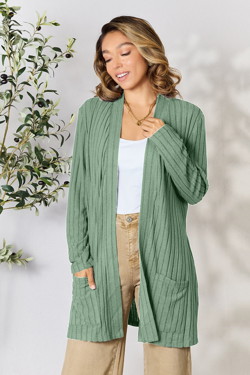 Basic Bae Full Size Ribbed Open Front Cardigan with Pockets - Enfance-Heureuse