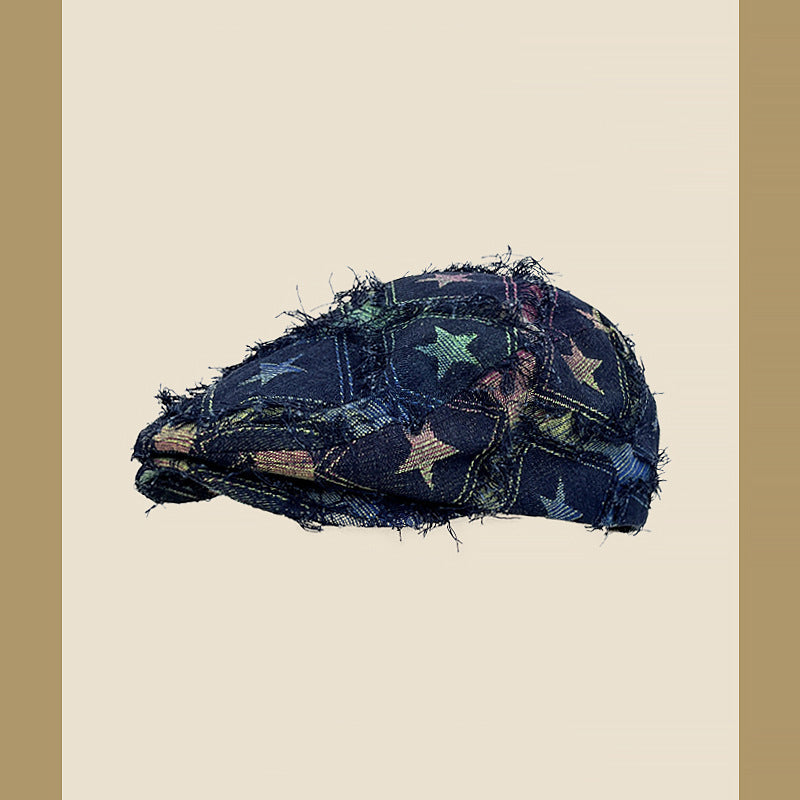 Boina de estilo coreano para mujer, con borde desgastado y antidesgaste, con estrellas de cinco puntas y cuadros coloridos.