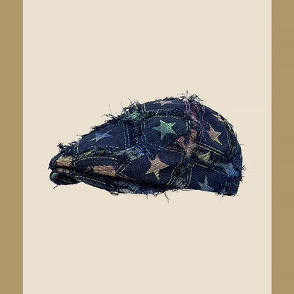 Boina de estilo coreano para mujer, con borde desgastado y antidesgaste, con estrellas de cinco puntas y cuadros coloridos.