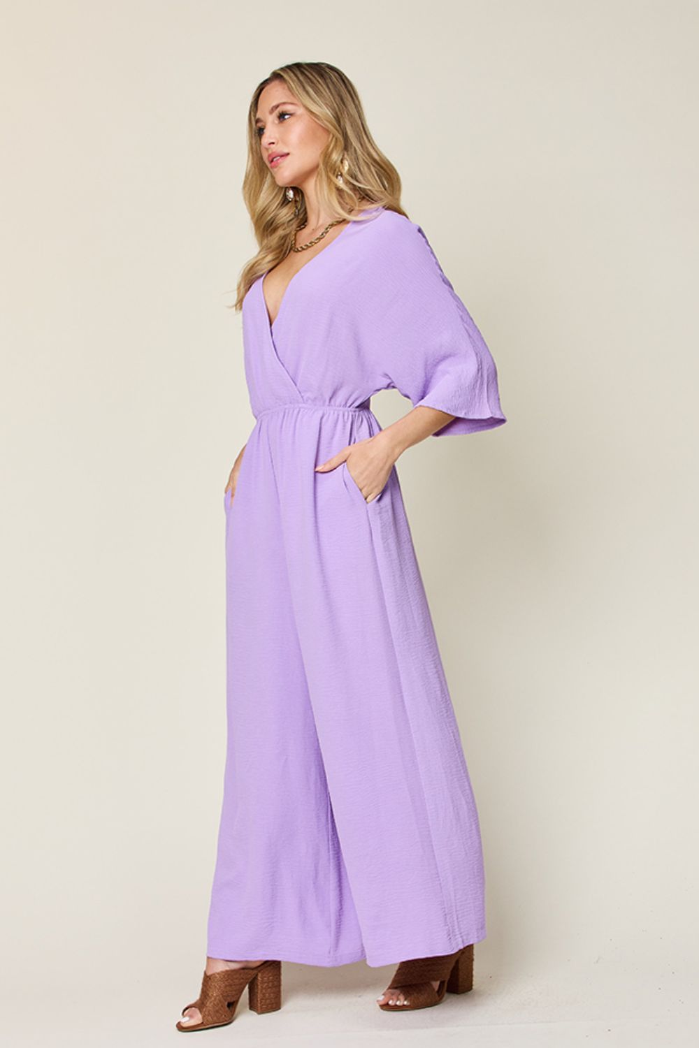 Double Take Full Size Surplice Wide Leg Jumpsuit with Pockets - Enfance-Heureuse