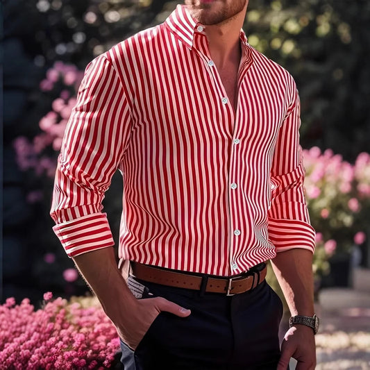 Ins Stripe Printed Long Sleeve Shirt Men Fashion Casual Lapel Button Top Clothing - Enfance-Heureuse