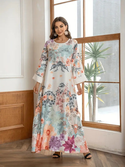 Elegant Floral Print Long Kaftan Dress - Enfance-Heureuse