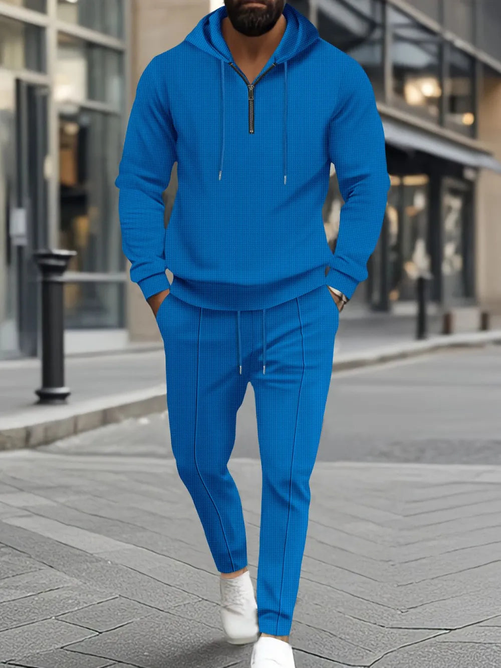 Men's Full Size Waffle-Knit Half Zipper Hoodie and Pants Set Plus Size - Enfance-Heureuse