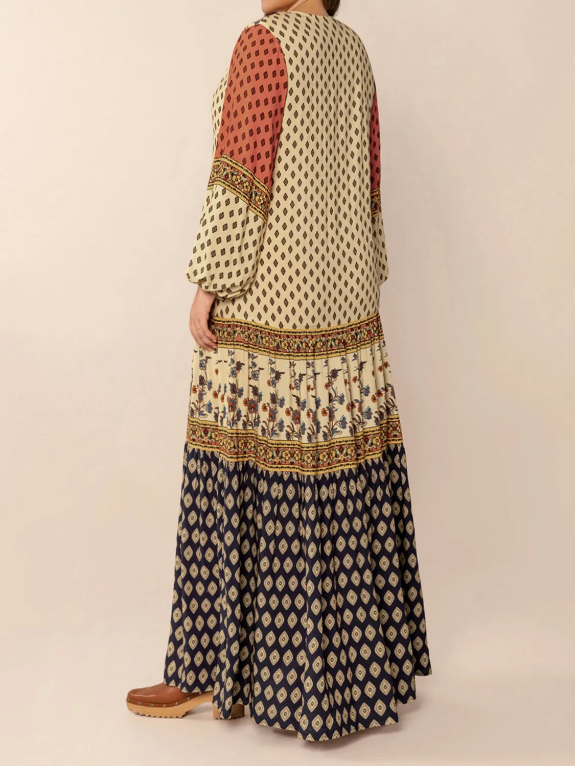 Printed V-Neck Balloon Sleeve Maxi Dress - Enfance-Heureuse