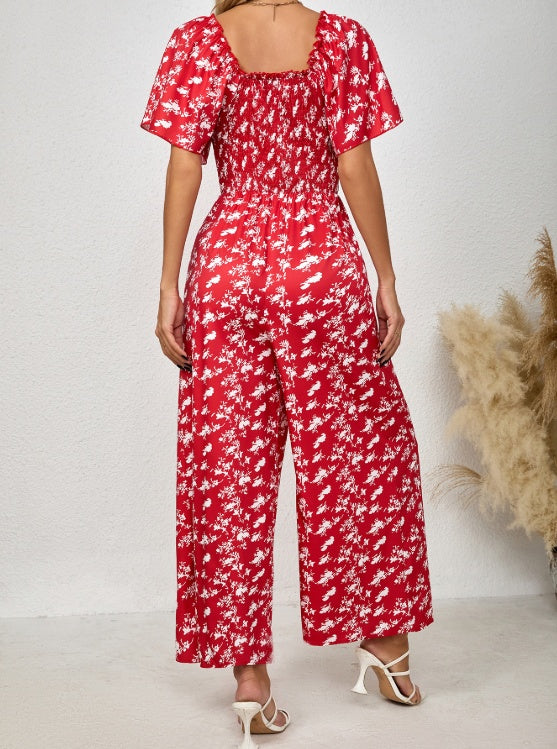 Ladies' Printed Square Neck Fashionable Loose Vacation Style Jumpsuit - Enfance-Heureuse