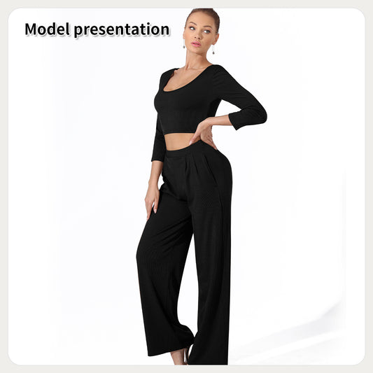 Women's Fashion Simple Solid Color Top Pants Set - Enfance-Heureuse