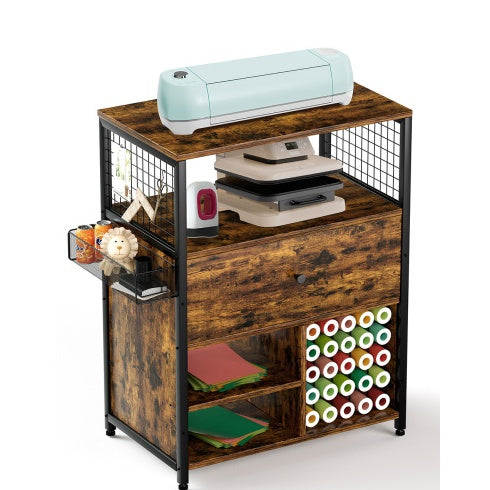 Craft Organization And Storage Cabinet Compatible With Cricut Machines, Crafting Cabinet With Drawer & 25 Vinyl Roll Holder, Craft Table Desk Workstation For Craft Room Home.Rustic Brown. - Enfance-Heureuse