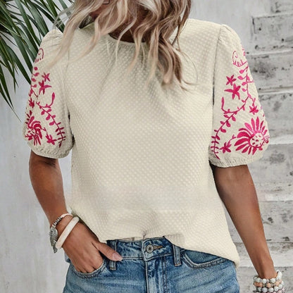Women's SpringSummer Embroidered Crew Neck Bubble Short Sleeve Shirt Top - Enfance-Heureuse
