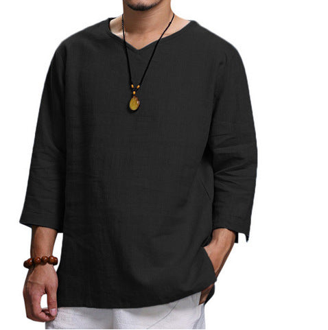 Loose Casual V-neck Top Cotton And Linen Long Sleeve Pullover Shirt Mens Clothing - Enfance-Heureuse