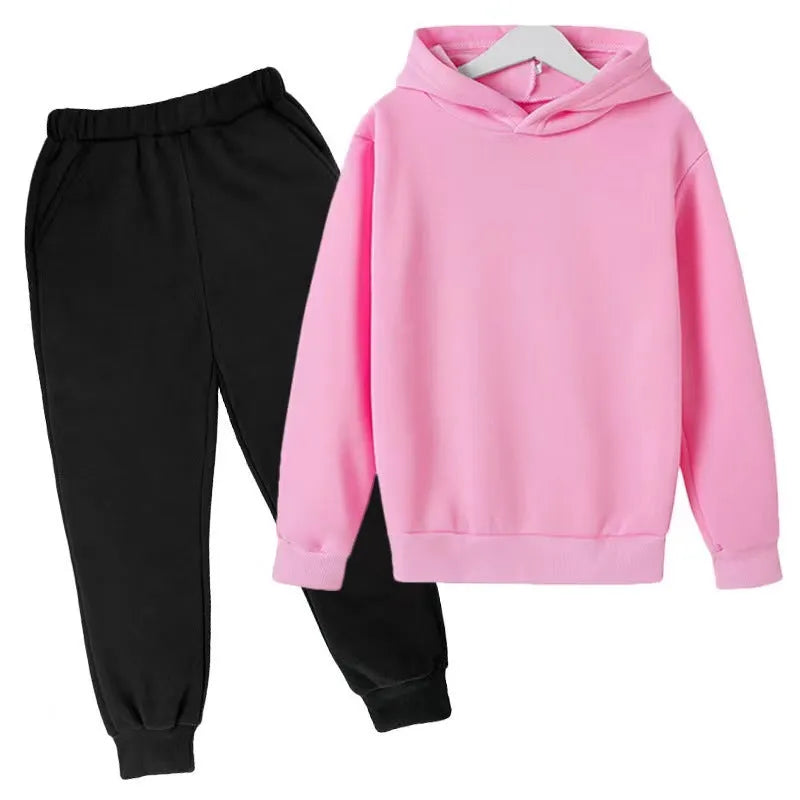 Solid Color Set With Fleece Loose Fitting Hoodie And Pants, Two-piece Set - Enfance-Heureuse