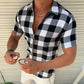 Plaid T Shirt Mens Zipper Short Sleeve Shirts Summer Men Clothing - Enfance-Heureuse