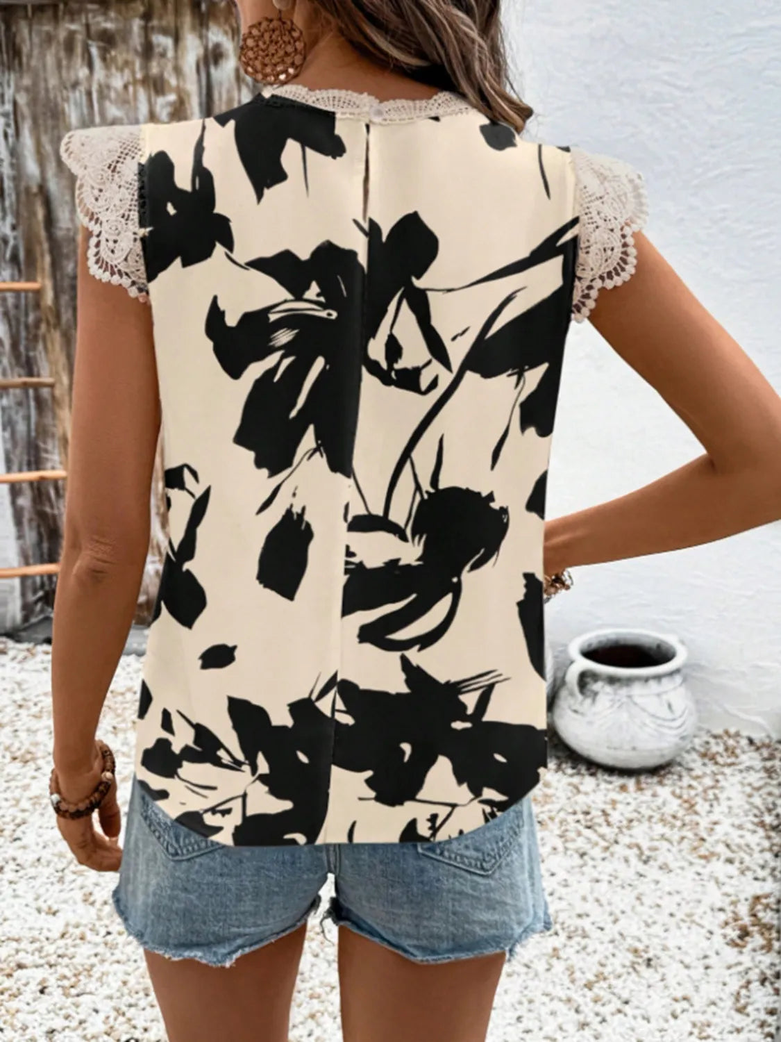 Lace Detail Printed Cap Sleeve Blouse - Enfance-Heureuse